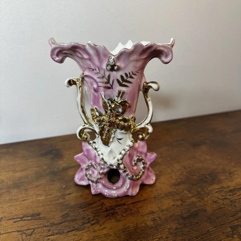 Victorian Porcelain Vase Pink & Gold Rococo Applied flower Cottagecore